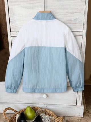 سترة قطنية شبابية بطبعات ألوان، طوق عالي مع إغلاق سوستة ، قطع لاصقة، نسيج مريح، مناسب للمدرسة والخروجات والأنشطة اليومية، للربيع والصيف والخريف