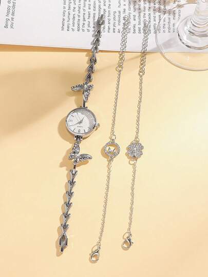 3 قطع/مجموعة، ساعة يد يد كوارتز معقّرة بعقارب معدنية وسوار معقَّر بشكل سلسلة وزهرة، مناسبة كهدية عيد ميلاد وارتداء اليومي