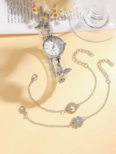3 قطع/مجموعة، ساعة يد يد كوارتز معقّرة بعقارب معدنية وسوار معقَّر بشكل سلسلة وزهرة، مناسبة كهدية عيد ميلاد وارتداء اليومي