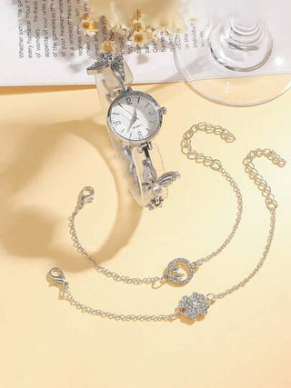 3 قطع/مجموعة، ساعة يد يد كوارتز معقّرة بعقارب معدنية وسوار معقَّر بشكل سلسلة وزهرة، مناسبة كهدية عيد ميلاد وارتداء اليومي