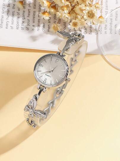 3 قطع/مجموعة، ساعة يد يد كوارتز معقّرة بعقارب معدنية وسوار معقَّر بشكل سلسلة وزهرة، مناسبة كهدية عيد ميلاد وارتداء اليومي