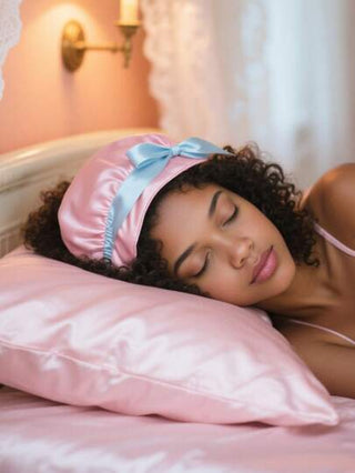 WANMEI طقم العناية بالشعر للنوم من الدرجة الفاخرة - يشمل 1 غطاء وسادة من الساتان الناعم، 1 قبعة نوم حريرية خفيفة، 1 تجعيد بدون حرارة، و 1 ربطة شعر لطيفة - مجموعة حماية وتصفيف الشعر المثالية في الليل