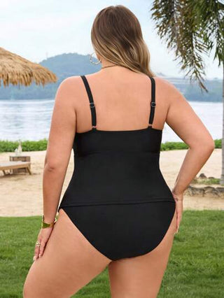 SHEIN CURVE+ مجموعة بكيني للحجم الكبير للنساء بلون أسود سادة مع أشرطة قابلة للتعديل، صيفي للشاطئ بظهر مكشوف