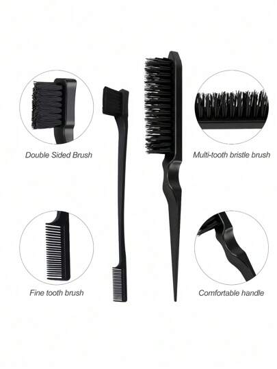 مجموعة من 3 قطع, مشط طويل الذيل من الصلب, فرشاة حواجب, مشط الرأس، أدوات تصفيف شعر للتضفير والتصفيف