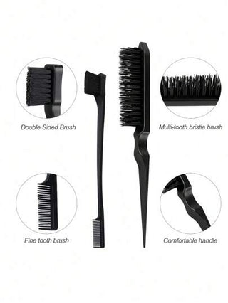 مجموعة من 3 قطع, مشط طويل الذيل من الصلب, فرشاة حواجب, مشط الرأس، أدوات تصفيف شعر للتضفير والتصفيف