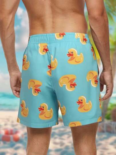 طقم قطعتين للرجال، شورت سباحة علي الطراز الصيفي والمنتجع بطبعة أوردك أصفر ، بحبل شد