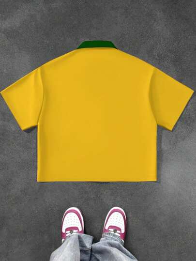 SHEIN قميص قصير الأكمام كاجوال مناسب للأولاد المراهقين، لعبة كرة القدم، موضوع البرازيل، طباعة جرافيك، بياقة بولو وسحاب