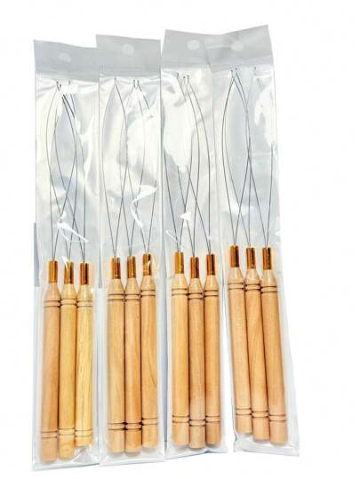 3 قطع من مجموعة أدوات تطويل الشعر /الريش: إبرة خيط الخرز ، إبرة اللف ، كبّاسة - خشبية وفولاذ لا يصدأ