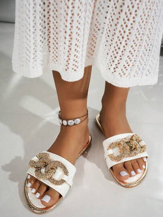 صندل شبشب نسائي مسطح بسلسلة ذهبية عصرية، مريح وكاجوال مفتوح الأصبع، مناسب للخارج والشاطئ والحفلات