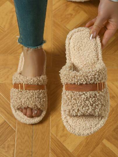 نعال مبطنة مفتوحة الأصبع للنساء، دافئة ومريحة للارتداء داخل المنزل وخارجه، تصميم إبزيم معدني، ناعمة وصديقة للبشرة، سهلة الارتداء، ضرورية للاستخدام المنزلي، نعال مبطنة مفتوحة الأصبع