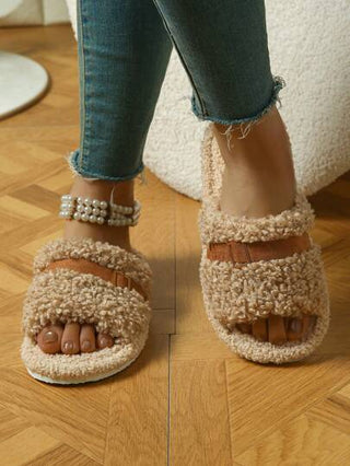 نعال مبطنة مفتوحة الأصبع للنساء، دافئة ومريحة للارتداء داخل المنزل وخارجه، تصميم إبزيم معدني، ناعمة وصديقة للبشرة، سهلة الارتداء، ضرورية للاستخدام المنزلي، نعال مبطنة مفتوحة الأصبع