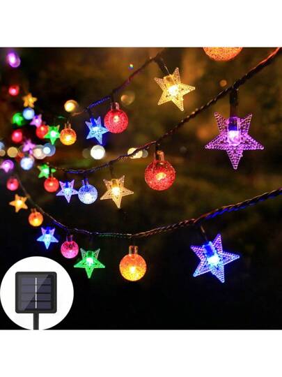 أضواء سلسلة شمسية خارجية تضيء كرة بلورية وشكل نجمة بثماني أوضاع إضاءة 100/50/20 لامبة LED، أضواء شمسية خيالية للاستخدام الخارجي مقاومة للماء لوميض أضواء الزفاف وعيد الميلاد والتخييم والحديقة وهالوين وعيد الميلاد، مصباح شمسي خارجي لشجرة عيد الميلاد والأشجا