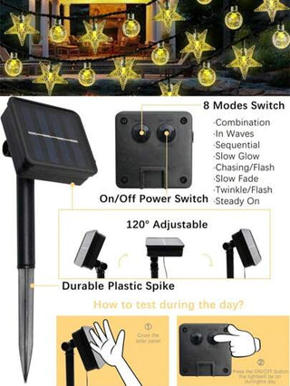 أضواء سلسلة شمسية خارجية تضيء كرة بلورية وشكل نجمة بثماني أوضاع إضاءة 100/50/20 لامبة LED، أضواء شمسية خيالية للاستخدام الخارجي مقاومة للماء لوميض أضواء الزفاف وعيد الميلاد والتخييم والحديقة وهالوين وعيد الميلاد، مصباح شمسي خارجي لشجرة عيد الميلاد والأشجا
