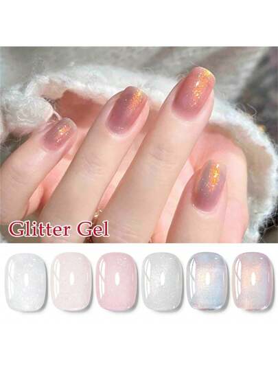 Mtssii 6 قطع/مجموعة 7 مل من طلاء أظافر جل لون وردي ولبني مزين بترتر بنقوشات ثلجية متلألئة، مقاوم للغسل بواسطة الأشعة فوق البنفسجية أو LED ،ديكورات فنون الأظافر