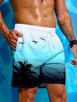 Manfinity Swimmode شورتات شاطئية للرجال ذات نمط نباتي باللون الزاهي، خصر بسحاب، مناسبة للصيف، طراز هاواي