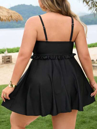 SHEIN CURVE+ مجموعة بكشمير بأكمام بدون أكمام مع تنورة السباحة لحجم إضافي للنساء في فصل الصيف، بلون أحادي والياقة على شكل V
