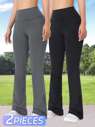 سروال يوغا ذو خصر مرتفع 2 قطعة مع جيوب، ذو خصر مطاطي مناسب، سروال رياضي بأرجل واسعة، لياقة بدنية وحفلات، بنطلون كاجوال للتخييم والمشي لركوب الجبال