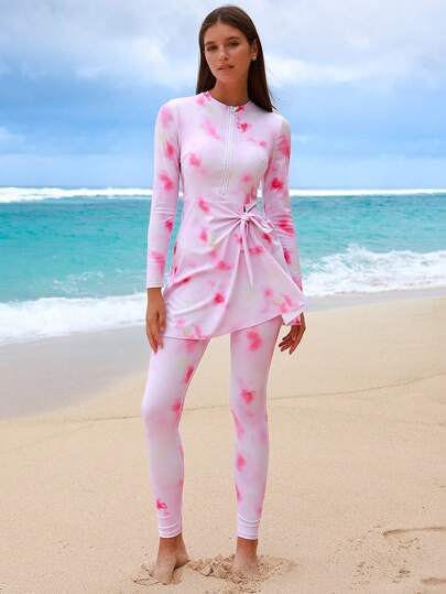 Swim Shayni 2 قطعة/طقم جديد الوصول ربيع/صيف فستان أنيق منقوش بطبعات زهور وردية ذو أكمام طويلة وسحاب وفيونكة مناسب للعطل والأزياء العصرية ، وشورت سباحة طويل لمجموعة بيكيني لأزياء الشاطئ للنساء