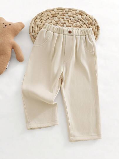 SHEIN Playful Pals بنطلون طويل للأطفال الصغار والرضع من النوع اليومي المريح ذو خصر مطاطي وإقفال بأزرار، بلون بيج، مناسب للارتداء خارج المنزل