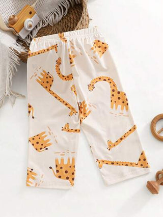 SHEIN Playful Pals بناطيل لياقة للأطفال الصغار من النوع المنقش برسوم الزرافة كارتونية حلوة، بخصر مطاطي مريح