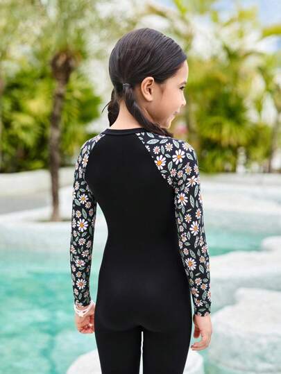 ملابس السباحة قطعة واحدة للبنات الصغيرات، بنطال وكم طويل ملابس السباحة بتصميم رقعة الأزهار الصغيرة، تغطية متواضعة لملابس السباحة للشاطئ والحمام والأجازات