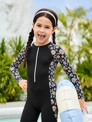 ملابس السباحة قطعة واحدة للبنات الصغيرات، بنطال وكم طويل ملابس السباحة بتصميم رقعة الأزهار الصغيرة، تغطية متواضعة لملابس السباحة للشاطئ والحمام والأجازات