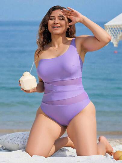 Swim Lushoire بدلة سباحة قطعة واحدة غير متماثلة من شبكة بوصلات كبيرة الحجم