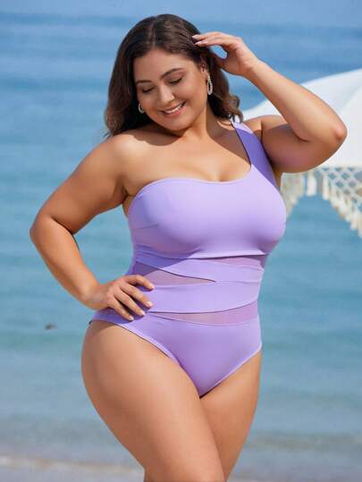 Swim Lushoire بدلة سباحة قطعة واحدة غير متماثلة من شبكة بوصلات كبيرة الحجم