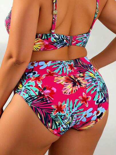 SHEIN Swim Curve بكيني قاعدة ذو خصر عالي مطبوع بتصميم أنيق وجذاب للسيدات ذوات الأحجام الكبيرة للإستخدام في الشاطئ والعطلات