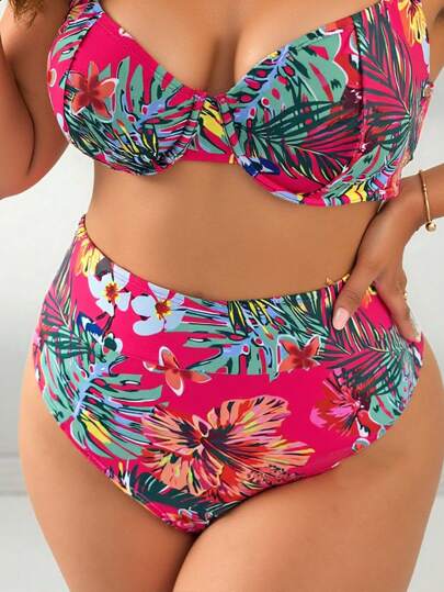 SHEIN Swim Curve بكيني قاعدة ذو خصر عالي مطبوع بتصميم أنيق وجذاب للسيدات ذوات الأحجام الكبيرة للإستخدام في الشاطئ والعطلات