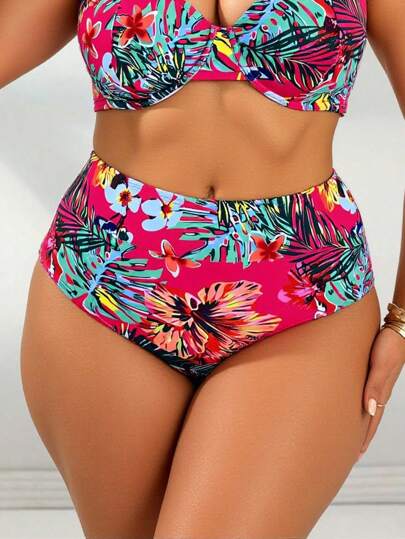 SHEIN Swim Curve بكيني قاعدة ذو خصر عالي مطبوع بتصميم أنيق وجذاب للسيدات ذوات الأحجام الكبيرة للإستخدام في الشاطئ والعطلات