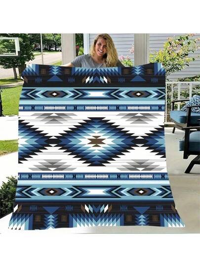 قطعة واحدة بطانية جغرافية بوهيمية طباعة، ناعمة ودافئة ومقاومة للتمزق، متعددة الاستخدامات ومريحة مناسبة لجميع الفصول، رائعة للأريكة والتخييم والسفر، بنقشة لوني أزرق وقابلة للغسل في الغسالة متعددة الاستخدامات