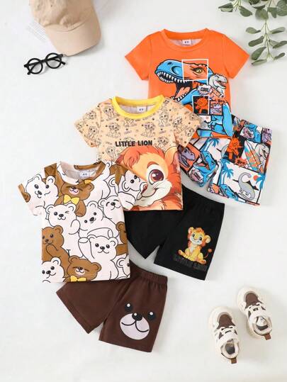 GraphicGems مجموعة من 6 قطع من تي شيرت وشورت بأكمام قصيرة ورقبة دائرية مطبوع عليها رسوم متحركة لدب تيدي لطيف وأسد وديناصور