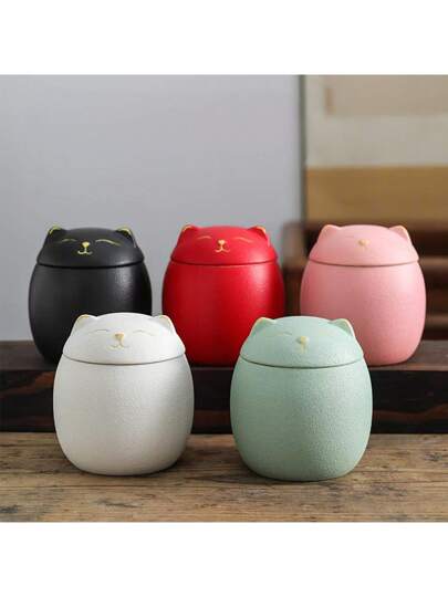قطعة واحدة من وعاء قطة خزفي متعدد الألوان مناسب لحفظ رماد الحيوانات الأليفة الصغيرة مع غطاء محكم، مظهر بسيط وراقي وجدي