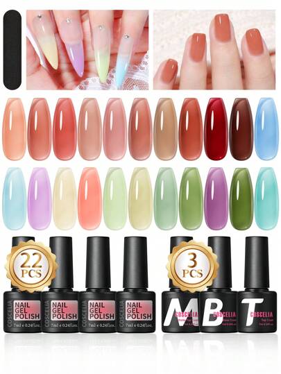 coscelia 25 قطعة طقم طلاء أظافر جيلي بحجم 7مل بطبقة أساس غير لامعة و7مل طبقة علوية، 22 لون مستخرج بالنقع بأظافر جيل كريستالية شفافة ، تحتاج إلى مصباح الأشعة فوق البنفسجية/الليد ، طقم يشمل الأساس والطبقة العلوية ، ملف أظافر ، للمرأة أو مبتدئات...