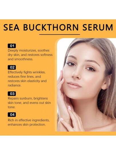 30 مل منتج مضاد للتجاعيد من زيت شوكة البحر، مرطب لطيف، مغذي للبشرة، يشد ويرفع، يقلل الخطوط الدقيقة، يستعيد مرونة البشرة وإشراقتها، يصلح أضرار الشمس، يضئ ويوازن البشرة، خفيف ويمتص بسهولة، وغير دهني