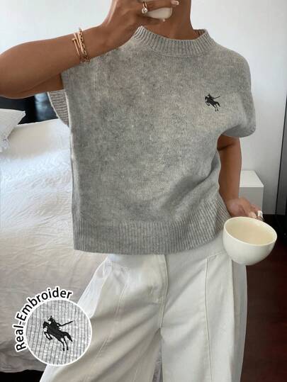 Siren Gaze ملابس علوية نسائية كاجوال فضفاضة قصيرة الأكمام مع شعار صغير مطرز