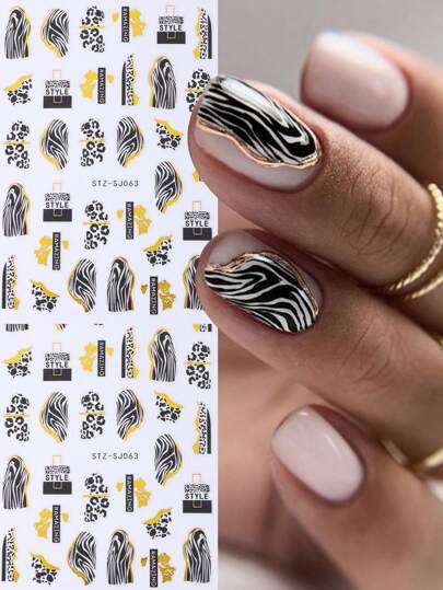 2 قطعة ملصقات أظافر 3D بنمط النمر الأسود والذهبي، بنقوش جلود حيوانات كالبقرة البقرة والثعبان والأوراق السوداء والنمط الزرافي لتزيين الأظافر