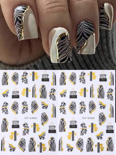 2 قطعة ملصقات أظافر 3D بنمط النمر الأسود والذهبي، بنقوش جلود حيوانات كالبقرة البقرة والثعبان والأوراق السوداء والنمط الزرافي لتزيين الأظافر