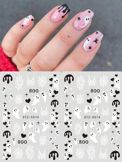 ملصقات فنية لتزيين الأظافر بتصاميم كرتونية لعيد الهالوين - أشباح سوداء وبيضاء ، عناكب ، قلوب ، شبكات عنكبوتية ، قطرات ، نجوم ، خطوط ، بريقة ، مناسبة للنساء ، إكسسوارات للأظافر، ديكورات العطلات و DIY