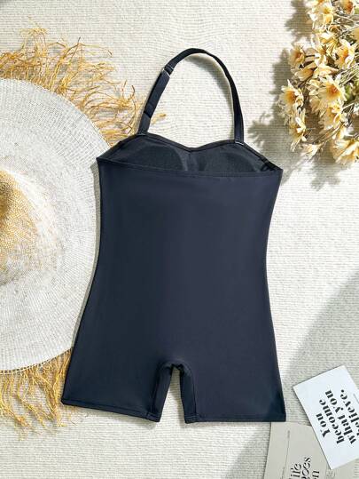 بدلة سباحة أحادية اللون مع شورت، مرتبة ذات حماله للمراهقات