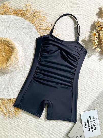 بدلة سباحة أحادية اللون مع شورت، مرتبة ذات حماله للمراهقات