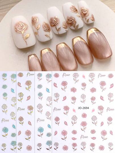 ملصقات أظافر 3D معدنية على شكل وردة وأوراق ذات تصميم ذهبي بنفسجي ،خطوط ذهبية وأخضر،ملحقات زخرفية أنيقة لطلاء الأظافر وتقنية الجل المؤقت، ملصقات محسن الشكل الزهري للموضة Y2k'
