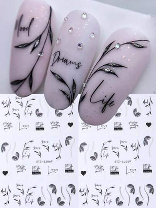 2 قطعة من ملصقات الأظافر ثلاثية الأبعاد على شكل ورق القيقب الأسود والأبيض، زخارف فنية للأظافر بتصميمات هندسية وأشكال قلوب وأحرف إنجليزية، شرائح لتزيين الأظافر