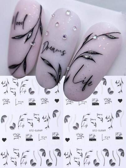 2 قطعة من ملصقات الأظافر ثلاثية الأبعاد على شكل ورق القيقب الأسود والأبيض، زخارف فنية للأظافر بتصميمات هندسية وأشكال قلوب وأحرف إنجليزية، شرائح لتزيين الأظافر