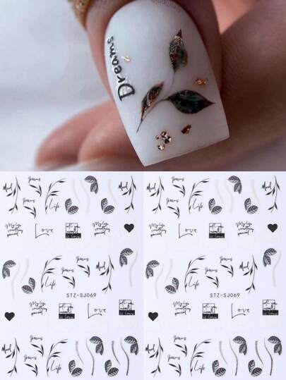 2 قطعة من ملصقات الأظافر ثلاثية الأبعاد على شكل ورق القيقب الأسود والأبيض، زخارف فنية للأظافر بتصميمات هندسية وأشكال قلوب وأحرف إنجليزية، شرائح لتزيين الأظافر