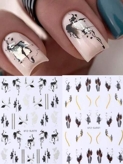 2 قطعة ملصقات فنية للأظافر بتصميم أزهار المموزا باللون الأسود والذهبي بتأثير مائي،أزهار الحبر والخطوط الهندسية لاصق ذاتي شكل غير منتظم لزينة المناكير