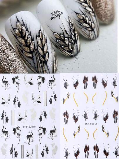 2 قطعة ملصقات فنية للأظافر بتصميم أزهار المموزا باللون الأسود والذهبي بتأثير مائي،أزهار الحبر والخطوط الهندسية لاصق ذاتي شكل غير منتظم لزينة المناكير