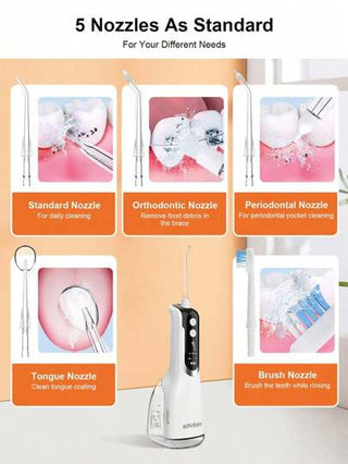 آلة تنظيف الأسنان المائية القابلة لإعادة الشحن بخزان ماء سعة 300 مل وشاحن USB، جهاز العناية بالفم المقاوم للماء المحمول