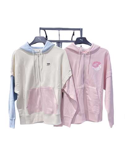 Puma سترة نسائية رياضية كاجوال مريحة بغطاء للرأس بتصميم كريمي حلو، مناسبة للجري، فضفاضة ومقاومة للرياح، بألوان متباينة